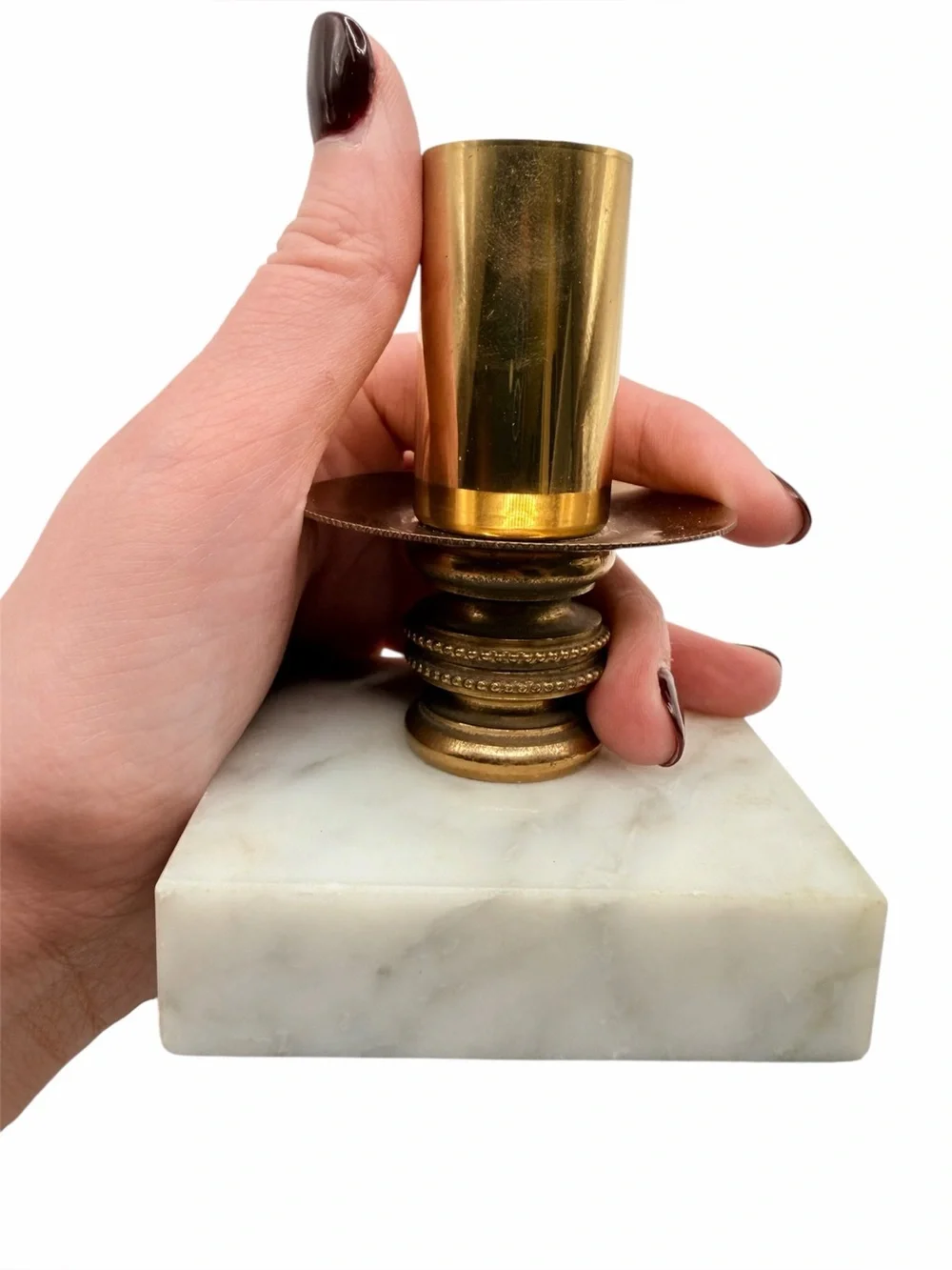 Vintage MCM Brass and White Marble Taper Candle Stick Holder